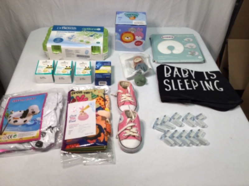 Photo 1 of Bundle of Assorted Items for Baby- 1) 3 Girls Tie Dye Clothing 2) Dr Browns Dishwasher Basket for Bottle Parts 3) Bathtub Toy 4) Seat Cover for Baby 5) Zarbees Daily Probiotic Drops  3 Boxes 5) Baby Vitamin D  6) Baby Swim Float 7) Protective Slipcover fo