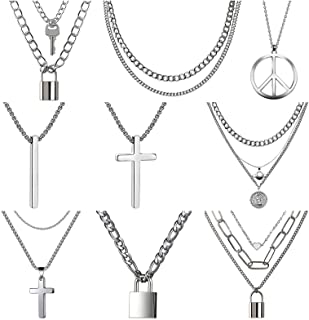 Photo 1 of FIFATA 9 PCS MEN CHAIN NECKLACE LOVE PEACE PLANET CROSS LOCK KEY LAYERED PENDANTS NECKLACE