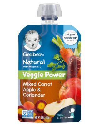 Photo 1 of Gerber 2nd Foods Natural Veggie Power Stage 2 Baby Food Mixed Carrot Apple Coriander, 3.5 oz, Pouch (Pack of 12) EXP FEB 28 2022