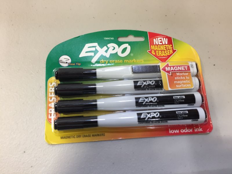 Photo 2 of EXPO 1944745 Magnetic Dry Erase Markers with Eraser, Fine Tip, Black, 4-Count