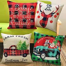 Photo 1 of BININBOX Christmas Pillow Covers 4 Set 18x18 Inches Linen Christmas Decoration Throw Pillow Covers Red Buffalo Plaid Red Truck Green Plaid Santa Deer Cushion Pillowcase