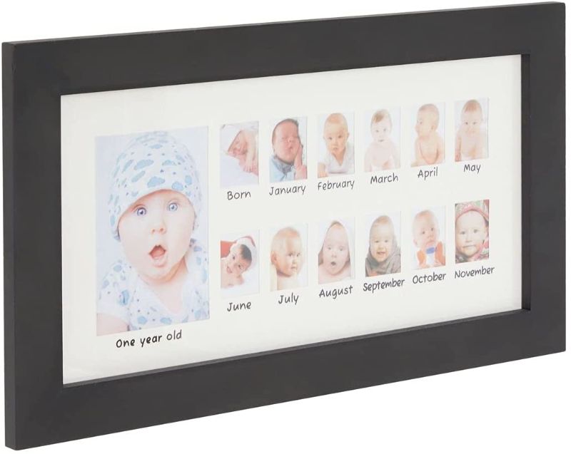 Photo 1 of My First Year Picture Photo Frame, Newborn Baby Keepsake Gift for New Mom (Black, 15.7 x 8.6)
