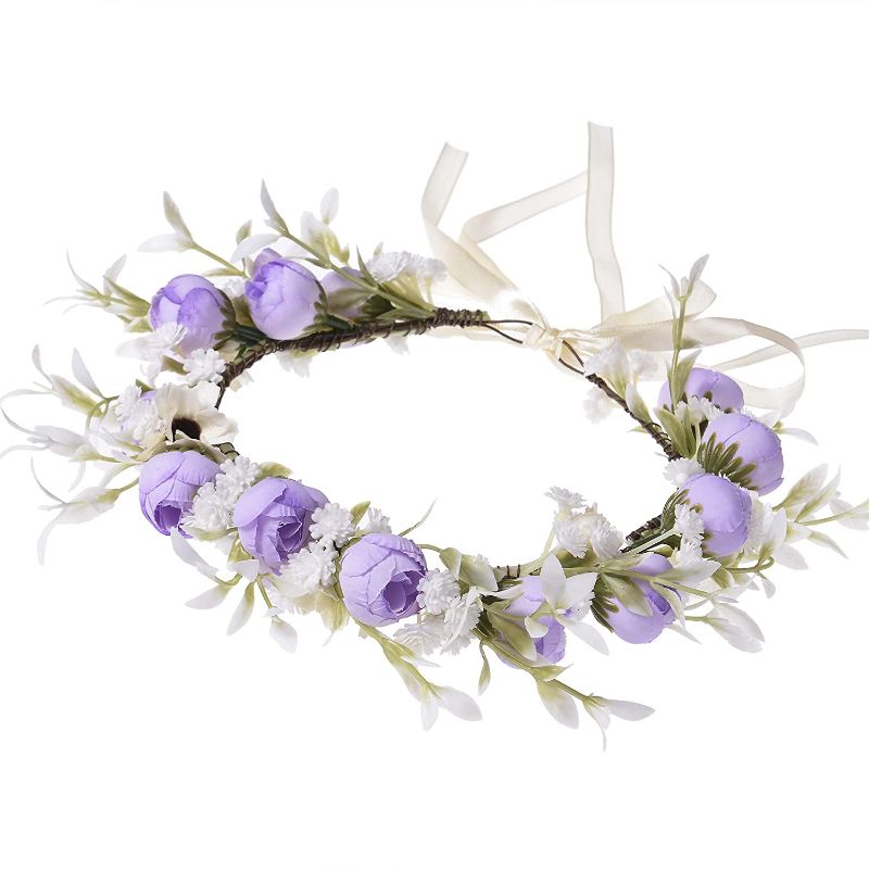 Photo 1 of Flower Headband Boho Floral Garland Crown Halo Wreath Weding Bride Bridesmaid Headpiece with Adjustable Ribbon Fashion Headband For Women Photo Props…
