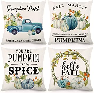 Photo 1 of CDWERD Fall Pillow Covers 18x18 Inch Set of 4 Outdoor Decorations Throw Pillowcase Autumn Farmhouse White Pumpkin Linen Cushion Case for Thanksgiving Day, Sofa and Home Decor