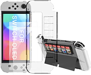 Photo 1 of Clear Case Compatible with Switch OLED, Hard TPU Protective Cover Case with 6 Game Cards Slots and 2-Pack Tempered Screen Protector, Half-Packed Dockable Shell Cover for Switch OLED