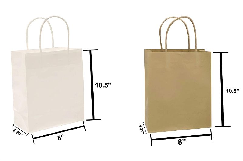 Photo 1 of 50 Pcs- Size (8"x4.25"x10.50") Brown and White Paper bags with Handles. Gift Bags for Birthday parties, Baby Shower, Wedding Parties, Shopping &Retail Recycled Kraft Paper bags with twisted Handles