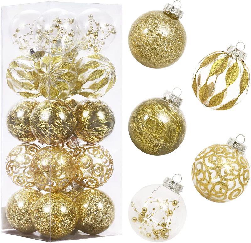Photo 1 of 80MM/3.14" Clear Christmas Ornaments Set, 20PCS Shatterproof Decorative Hanging Ball Ornament with Stuffed Delicate Decorations, Xmas Tree Balls for Halloween Holiday Party Thankgivings - Gold.
