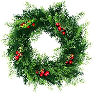 Photo 1 of 20.5In Artificial Pine Needle Cypress Wreath,Greenery Wreath with Red Berries for Front Door Wall