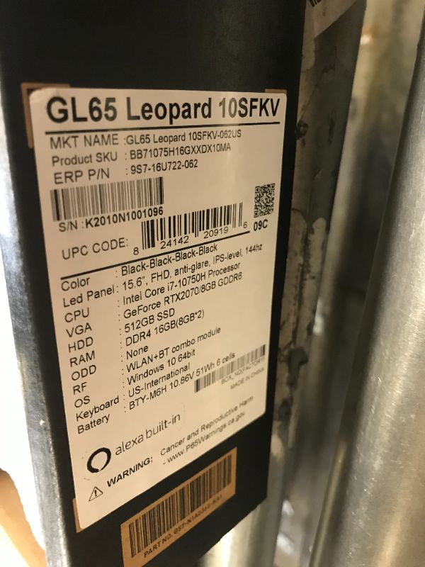 Photo 7 of MSI GL65 Leopard 10SFK-062 15.6" FHD 144Hz 3ms Thin Bezel Gaming Laptop Intel Core i7-10750H RTX2070 16GB 512GB NVMe SSD Win 10 Notebook PC Computer