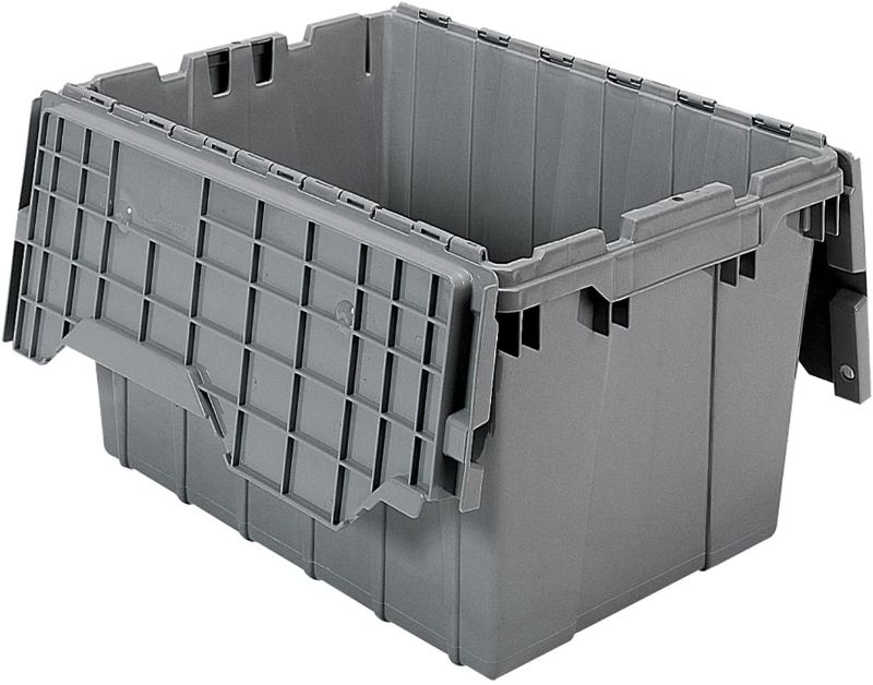 Photo 1 of Akro-Mils 39120 Industrial Plastic Storage Tote with Hinged Attached Lid, (21-Inch L by 15-Inch W by 12-Inch H), Gray