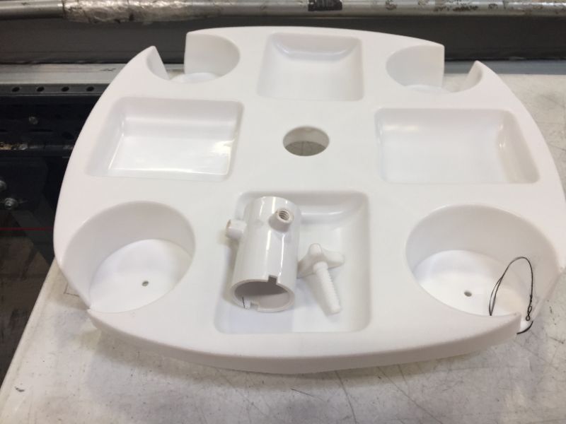 Photo 1 of  AMMSUN 12 Inch Round Plastic Beach Umbrella Table with Cup Holders, White (ITEM IS BENT) (ITEM IS DIRTY)