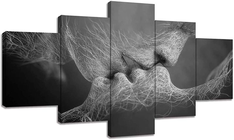 Photo 1 of 5 Panel Black and White Love Kissing Canvas Prints Wall Art Adam and Eve Home Decor Pictures for Living Room Poster Painting Framed Artwork Ready to Hang
