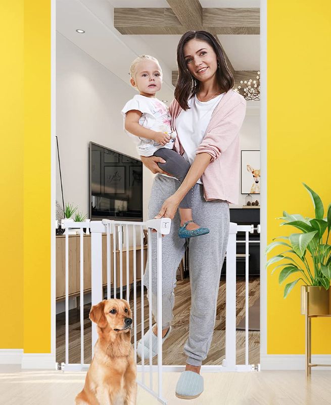 Photo 1 of Baby Gates for Stairs and Doorways Dog Gates for The House, 30-40.5 inches - Indoor Safety Gates for Kids or Pets with Walk Through Door, Extra Wide Tall Metal Gate Pressure Mount Auto Close
