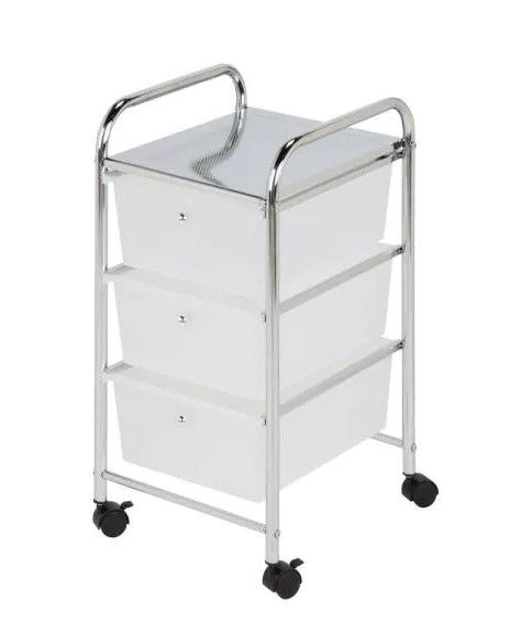 Photo 3 of clear storage cart --one bin has a crack as seen in photo--