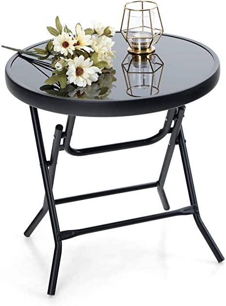 Photo 1 of Captiva Designs 18" Patio Metal Side Table with Tempered Glass Tabletop Outdoor Backyard Bistro Dining Table, Black
