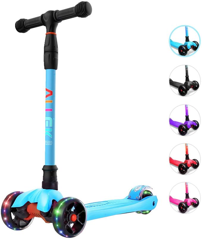 Photo 1 of Allek Kick Scooter B02, Lean 'N Glide Scooter with Extra Wide PU Light-Up Wheels and 4 Adjustable Heights for Children from 3-12yrs (Aqua Blue)
