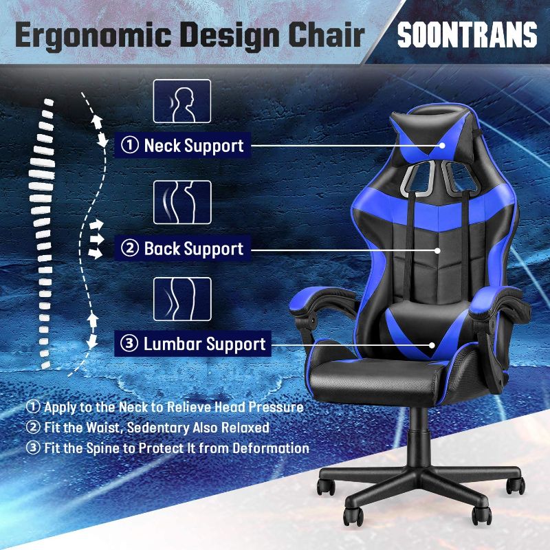 Photo 2 of Soontrans PC Gaming Chair Blue,Ergonomic Gamer Chair,Game Chair with High-Back,Adjustable Headrest and Lumbar Support (Storm Blue)
