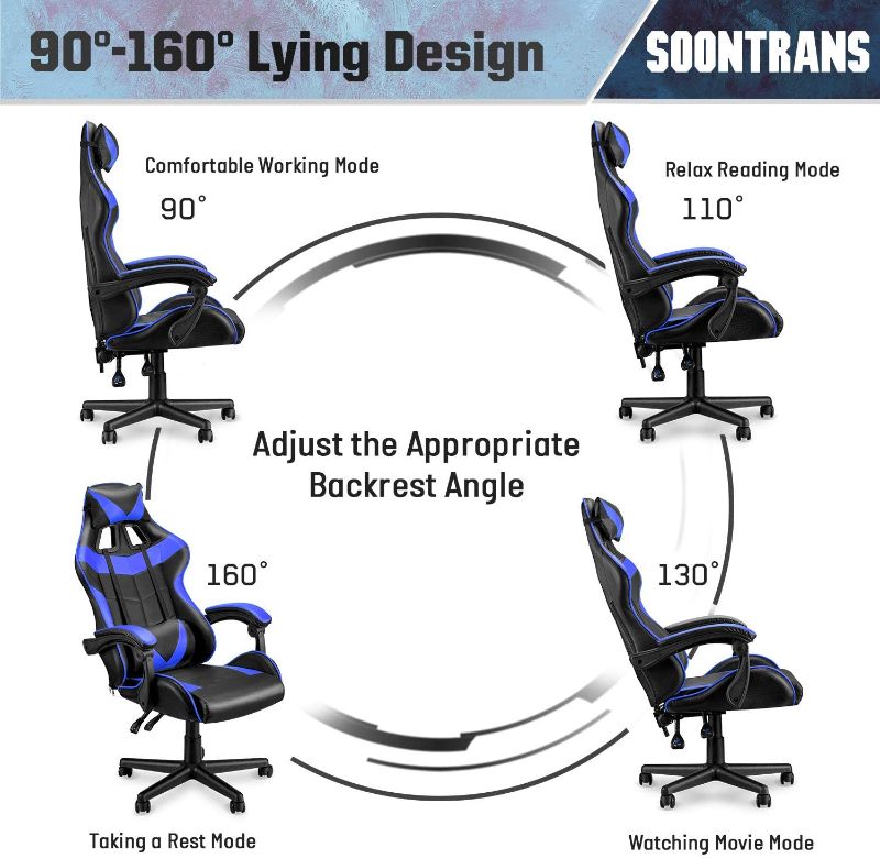 Photo 3 of Soontrans PC Gaming Chair Blue,Ergonomic Gamer Chair,Game Chair with High-Back,Adjustable Headrest and Lumbar Support (Storm Blue)
