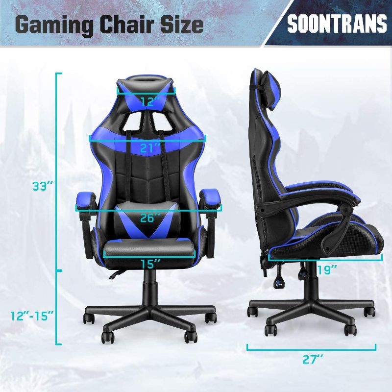 Photo 1 of Soontrans PC Gaming Chair Blue,Ergonomic Gamer Chair,Game Chair with High-Back,Adjustable Headrest and Lumbar Support (Storm Blue)
