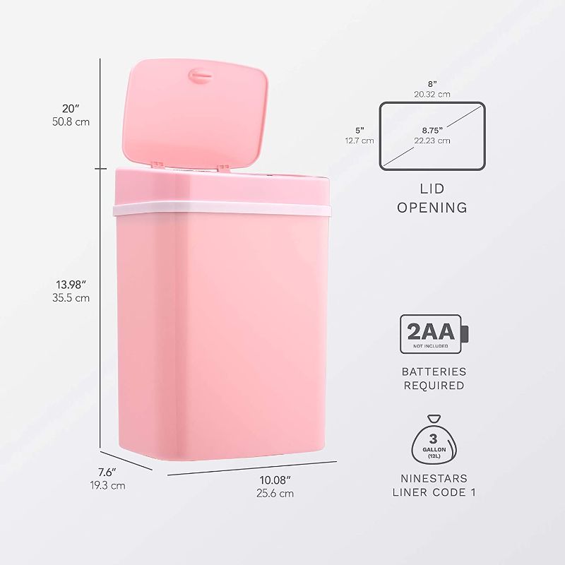 Photo 1 of  Bedroom or Bathroom Automatic Touchless Infrared Motion Sensor Trash Can, 3 Gal 12 L, ABS Plastic (Rectangular, Pink) Trashcan