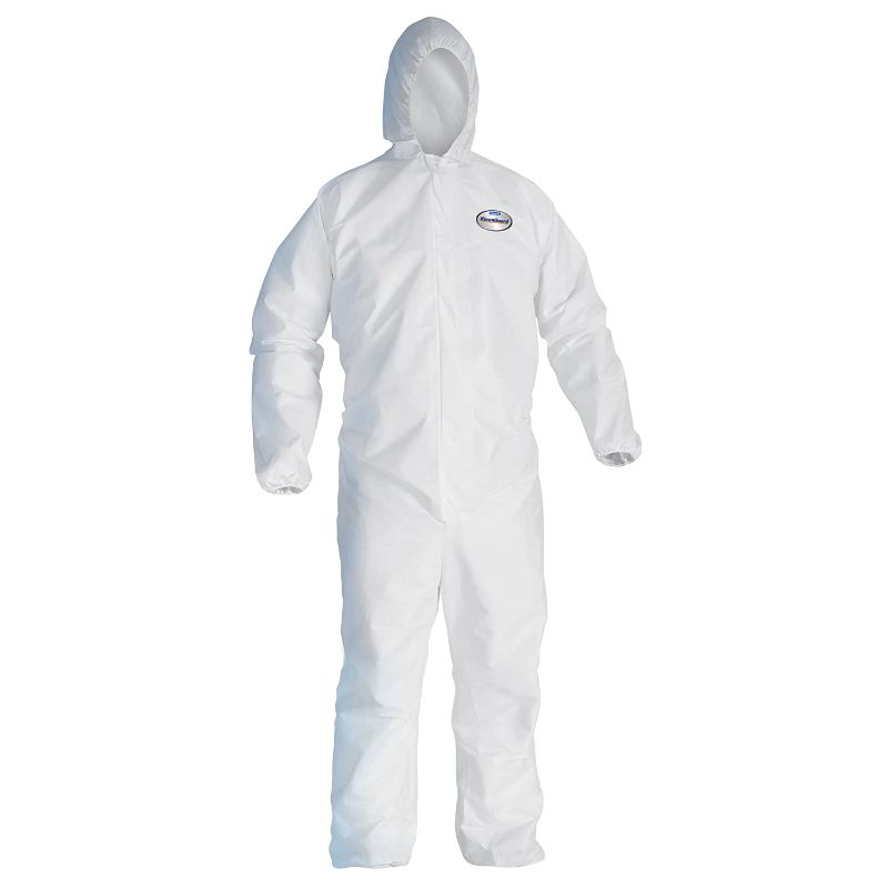 Photo 1 of Kleenguard A40 Liquid & Particle Protection Coveralls with Hood (44323), Zip Front, Elastic Wrists & Ankles (EWA), White, Large, 25 Garments / Case
