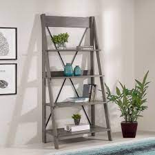 Photo 1 of 68" Solid Wood Ladder Bookcase in Grey by Walker Edison
