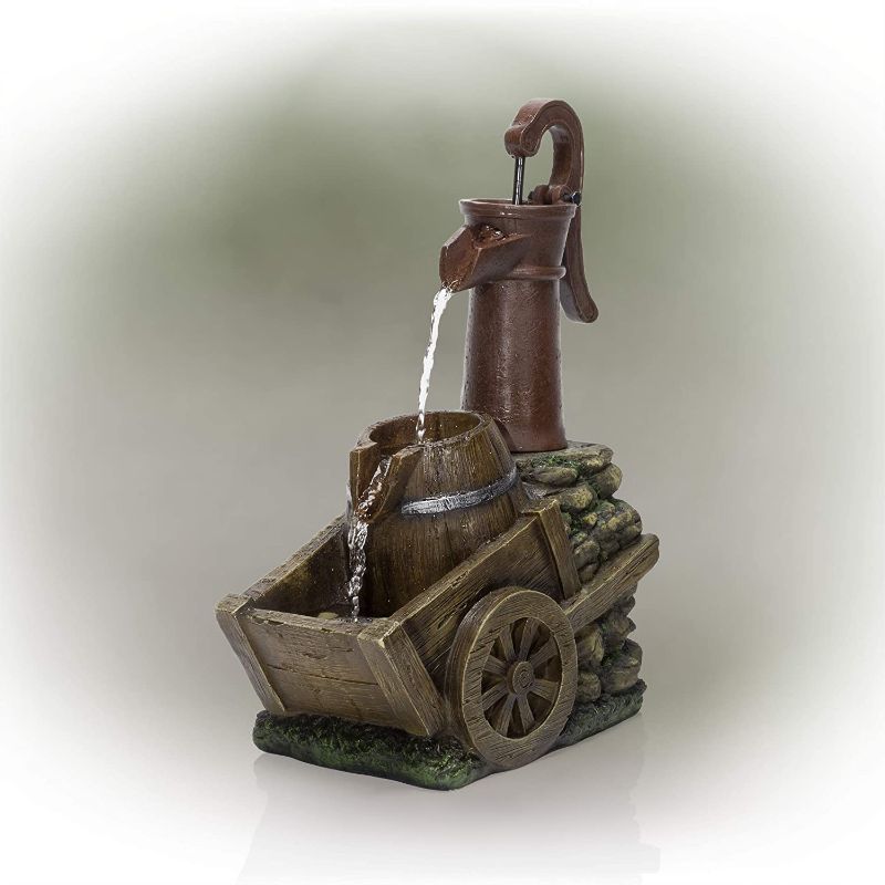 Photo 1 of Alpine Corporation ZEN276S Alpine 24" Vintage Red Water Pump with Wheelbarrow Fountain