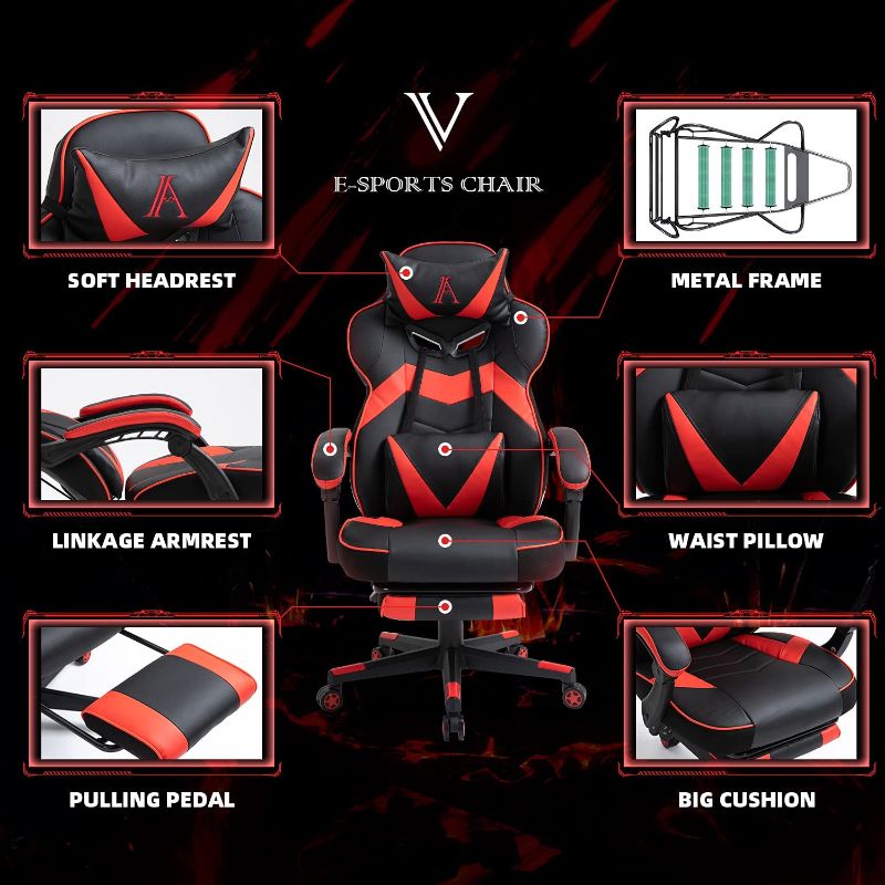 Photo 1 of AJS Gaming Chair, Video Game Chair Ergonomic Task Racing Chair Adjustable Swivel PU Leather Office Chair, with Lumbar Support, Headrest, Padded Armrest and Retractable Footrest (RED)
