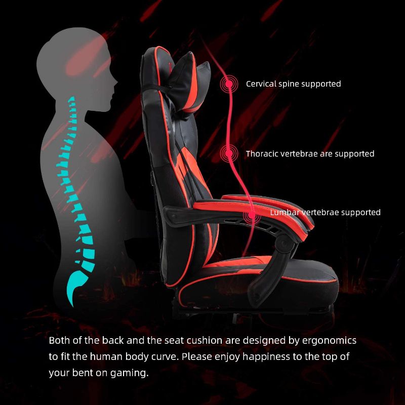 Photo 2 of AJS Gaming Chair, Video Game Chair Ergonomic Task Racing Chair Adjustable Swivel PU Leather Office Chair, with Lumbar Support, Headrest, Padded Armrest and Retractable Footrest (RED)
