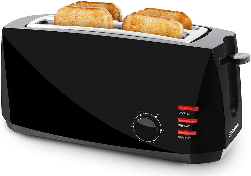 Photo 1 of Elite Gourmet ECT-4829B Long Toaster, 6 Toast Settings Defrost, Reheat, Cancel Functions, Slide Out Crumb Tray, Extra Wide Slots for Bagels Waffles, 4-Slice, Black
