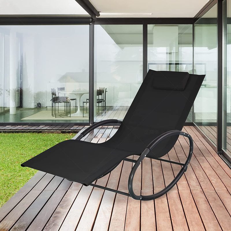 Photo 1 of YOLANDA DIRECT Rocking Chair Lounge Chair?Zero Gravity Rocking Chaise, with Detachable Headrest Pillow and Breathable Texteline Farbic, for Indoor and Outdoor Reclining Chairs (Black)
