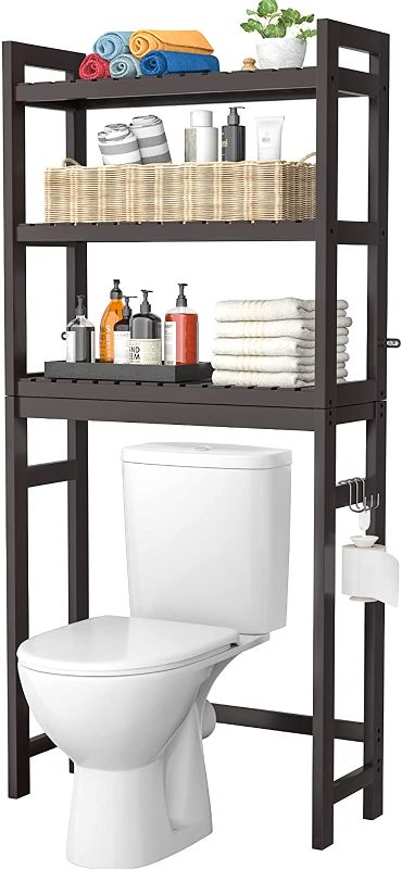 Photo 1 of Homykic Bamboo Over-The-Toilet Storage, 3-Tier Space Saver Organizer Rack, Stable Freestanding Anti-Tilt Shelf with 3 Hooks for Laundry, Balcony, Porch