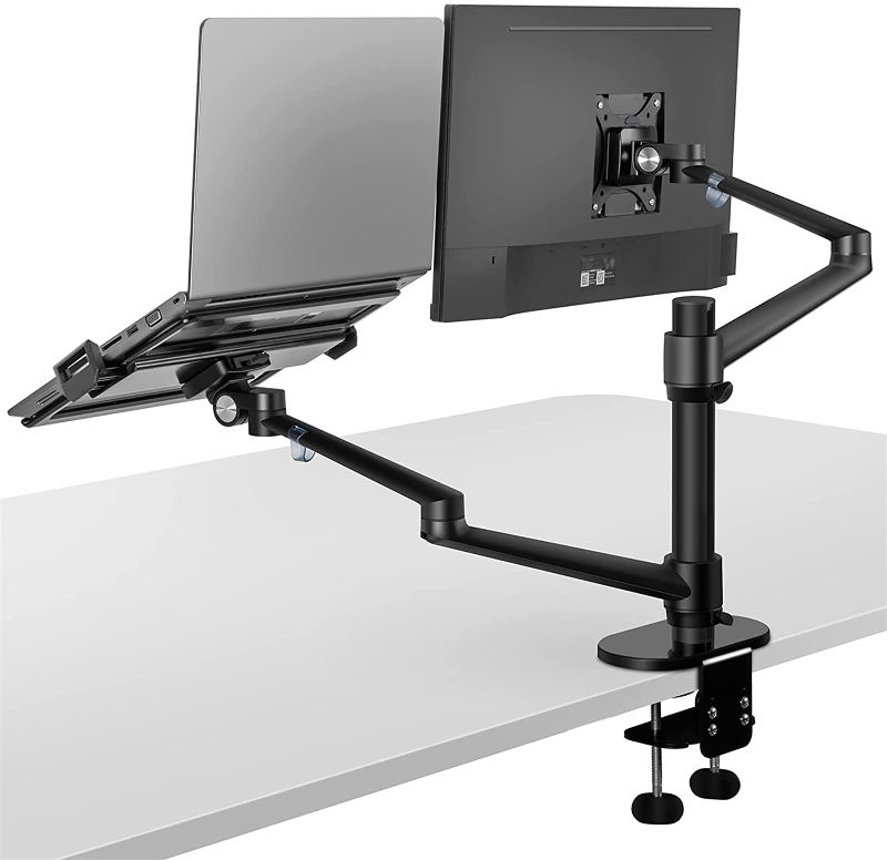 Photo 1 of viozon Monitor and Laptop Mount, 2-in-1 Adjustable Dual Arm Desk Mounts Single Desk Arm Stand/Holder for 17 to 32 Inch LCD Computer Screens, Extra Tray Fits 12 to 17 inch Laptops (Black)
