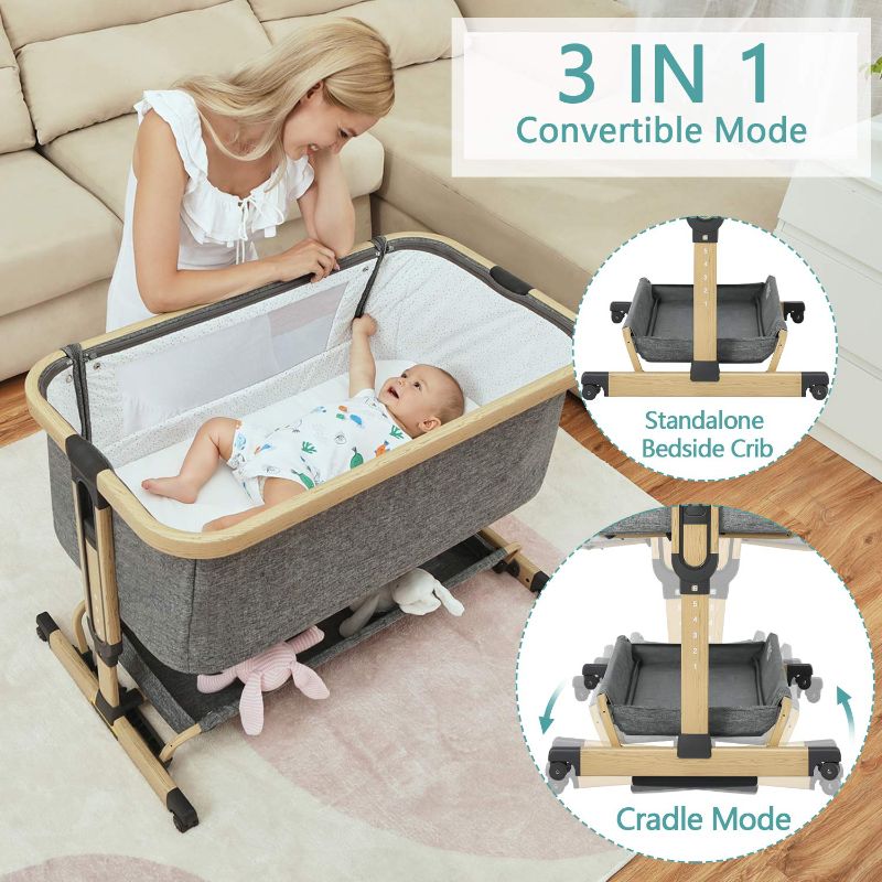 Photo 3 of AMKE 3 in 1 Baby Bassinets, Baby Bedside Sleeper, Baby Crib with Storage Basket for Newborn, Arms Reach Co Sleeper, Adjustable Portable Baby Bed, Bedside Bassinet, Comfy Mattress/Travel Bag Included
