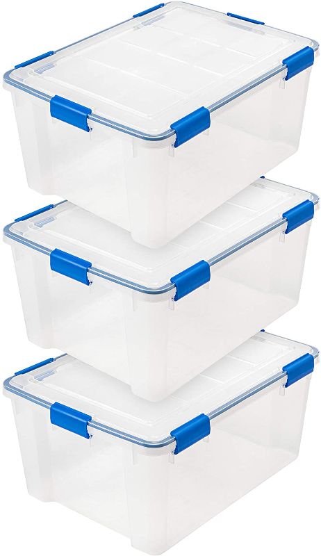 Photo 1 of IRIS USA WSB Air Waterproof/Weather Tight Plastic Storage Bin Tote Organizing Container with Durable Lid and Seal and Secure Latching, 60 Quart, Clear with Blue Buckles, 3 Count
