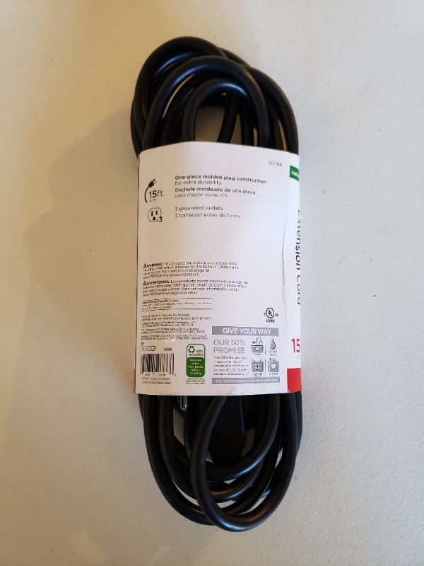 Photo 2 of 15 Foot Home Extension Cord 16 Gauge With 3 Outlets Black.