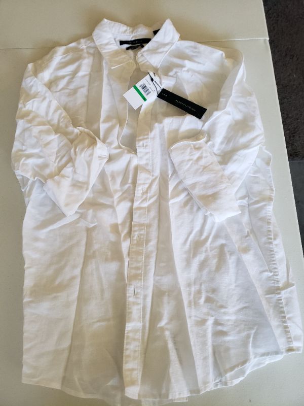 Photo 2 of PERRY ELLIS Rolled-Sleeve Solid Linen Cotton Shirt, White, Button-Up, Size Large.