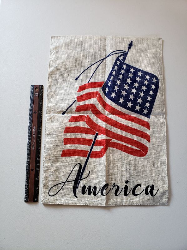 Photo 1 of AMERICA Burlap Style Home Decor Flag, Approx 12x18. 