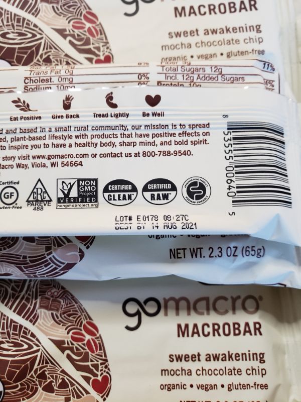 Photo 3 of GoMacro MacroBar Organic Vegan Protein Bars - Mocha Chocolate Chip (2.3 Ounce Bars. Best By Aug 2021.