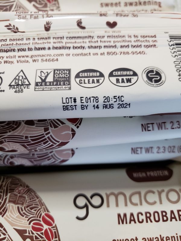 Photo 3 of GoMacro MacroBar Organic Vegan Protein Bars - Mocha Chocolate Chip (2.3 Ounce Bars. Best By Aug. 2021