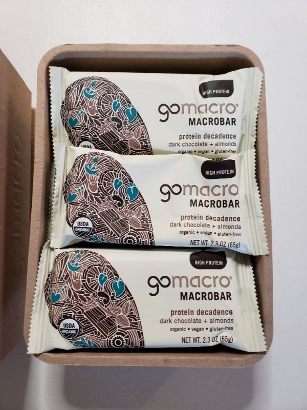 Photo 2 of GoMacro - Organic MacroBar Protein Decadence Bars Box Dark Chocolate + Almonds - 12 Bars. Best By Oct. 2021