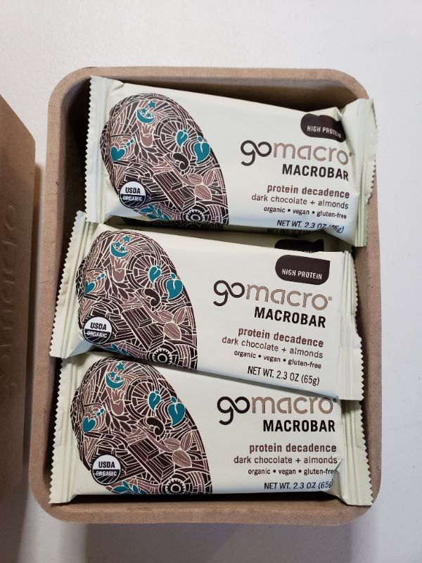 Photo 2 of GoMacro - Organic MacroBar Protein Decadence Bars Box Dark Chocolate + Almonds - 12 Bars. Best By Oct. 2021