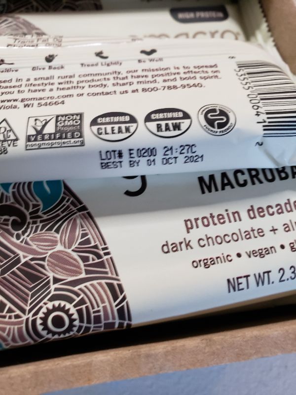 Photo 3 of GoMacro - Organic MacroBar Protein Decadence Bars Box Dark Chocolate + Almonds - 12 Bars. Best By Oct. 2021