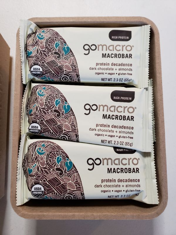 Photo 2 of GoMacro - Organic MacroBar Protein Decadence Bars Box Dark Chocolate + Almonds - 12 Bars. Best By Oct 2021.