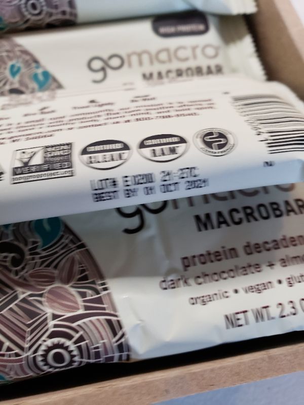 Photo 3 of GoMacro - Organic MacroBar Protein Decadence Bars Box Dark Chocolate + Almonds - 12 Bars. Best By Oct 2021