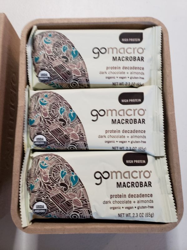 Photo 2 of GoMacro - Organic MacroBar Protein Decadence Bars Box Dark Chocolate + Almonds - 12 Bars. Best By Oct 2021