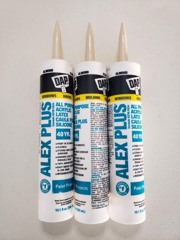 Photo 2 of DAP Alex Plus Acrylic Caulk Plus Silicone, Almond - 10.1 oz tube. Lot of 3.