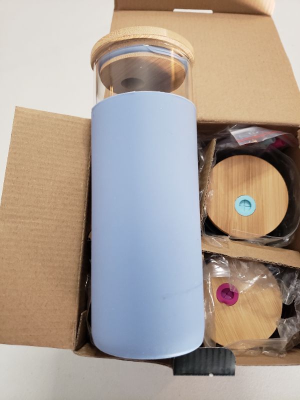 Photo 3 of CREATIVELAND 15oz Glass Tumblers Water Bottle with Bamboo Lids and Straw Silicone Protective Sleeve Eco Friendly & BPA Free,Set of 4.
