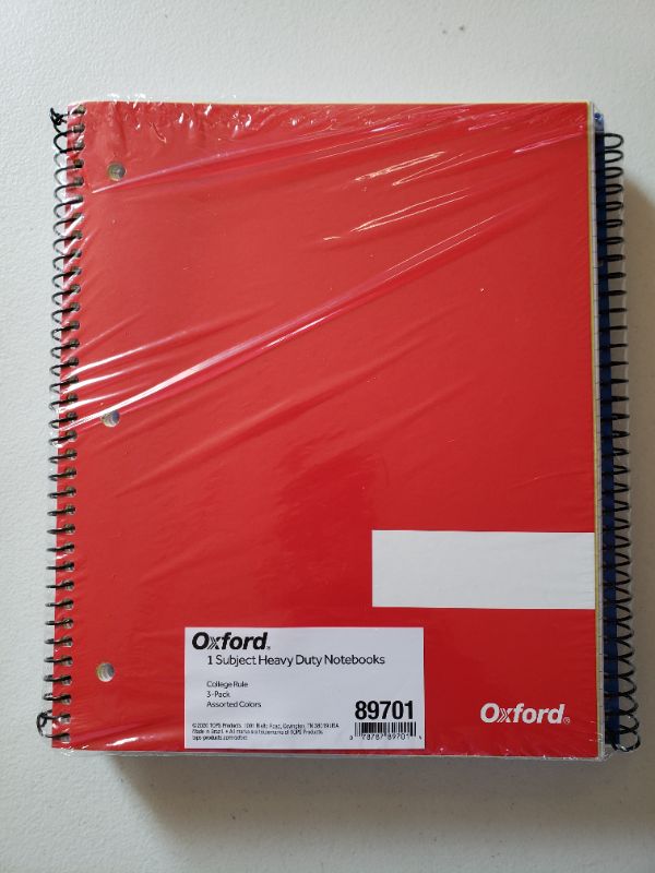 Photo 1 of Oxford Spiral Notebooks, 1 Subject, College Rule, Durable Covers, Heavy-duty Coil, 1 Pocket, 8.5 x 11, 100 Sheets, Red, Blue, Green, 3/Pack (89701)
