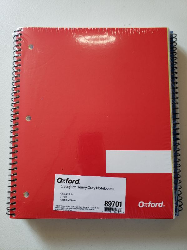 Photo 1 of Oxford Spiral Notebooks, 1 Subject, College Rule, Durable Covers, Heavy-duty Coil, 1 Pocket, 8.5 x 11, 100 Sheets, Red, Blue, Green, 3/Pack (89701)
